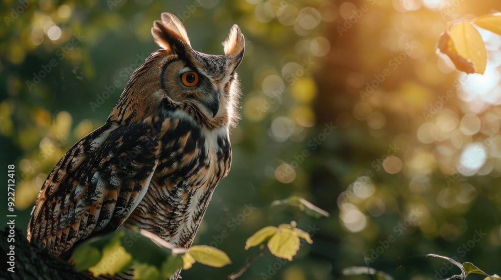 Poster close-up view of an owl perched on a tree branch, looking upwards