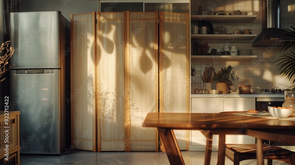 Poster a kitchen with a table and refrigerator setup