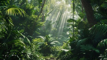Tropical rainforest with towering trees and thick underbrush