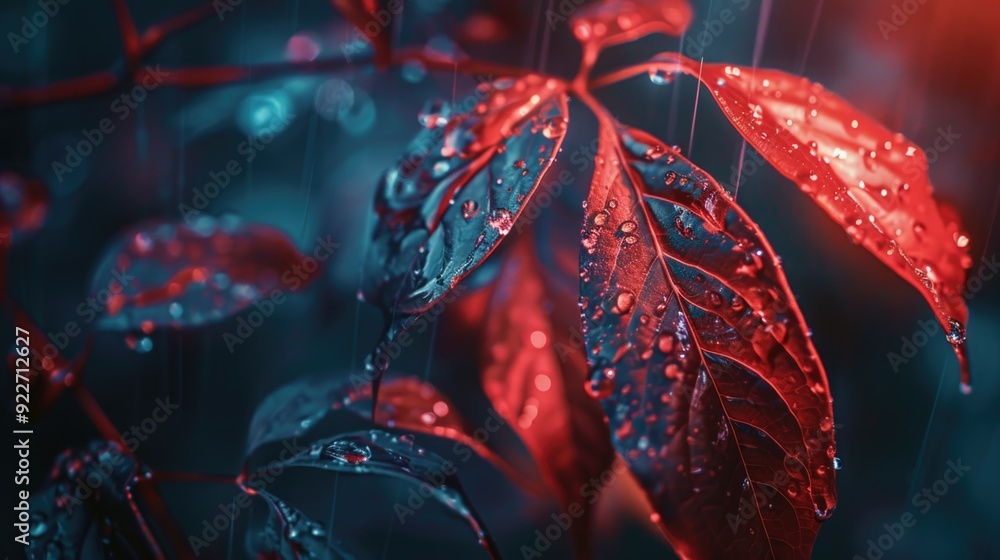 Poster close-up of a plant leaf with tiny water droplets glistening in the light, suitable for use in natur