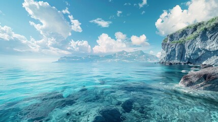 Fototapeta premium Crystal-clear blue ocean with rocky cliffs and dramatic skies