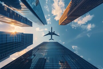 Airplanes flying over business buildings in the city skyscrapers
