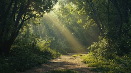 A dirt road in a forest with sun shining through the trees, AI