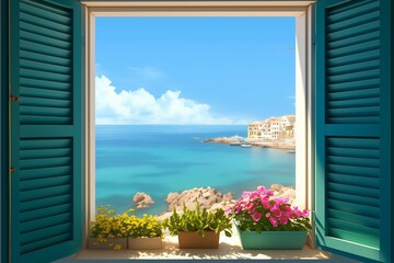 Looking through windows with shutters at the sandy beach and the city © kenkuza