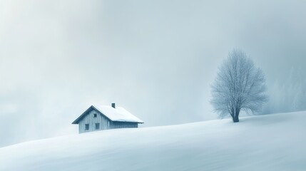 A single cabin and a lone tree blanket under a soft, gentle snowfall, evoking a sense of solitude and ethereal beauty in a winter wonderland.