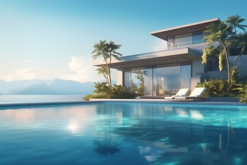 Obraz premium Luxury vacation villa with infinity pool at sunset