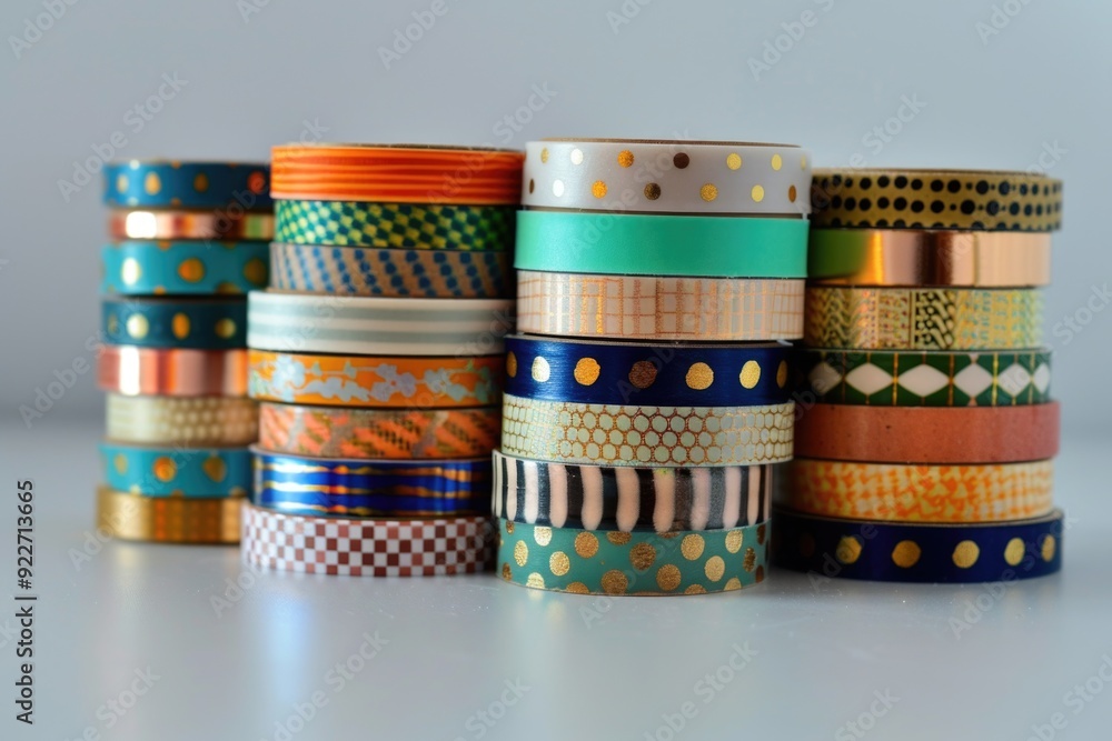 Poster a collection of colorful washi tapes stacked on a table, perfect for crafting and creative projects