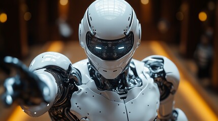Fototapeta premium Futuristic humanoid robot pointing its finger forward in a dimly lit corridor with warm bokeh lights.