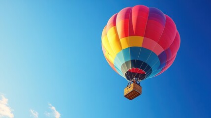 Fototapeta premium A colorful hot air balloon flying in the sky with a wooden box, AI