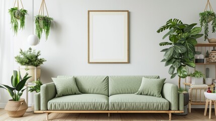 Mockup frame poster hanging on a white wall above a light green sofa, surrounded by various indoor plants in a cozy living room setting-