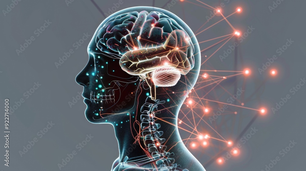 Poster A person with a brain map illustration on their head, representing cognitive thinking and problem-solving
