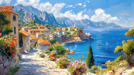 Mediterranean landscape with a small town, sea, flowers, oil painting style