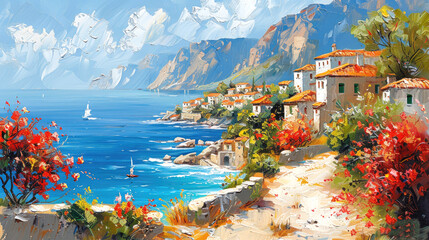 Mediterranean landscape with a small town, sea, flowers, oil painting style