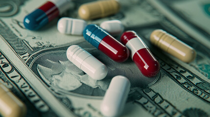 pills, drugs and dollars, concept of pharma multi millionaire industry