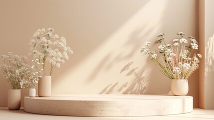 Elegant 3D Beige Podium with Minimal Floral Design for Product Showcase on Duotone Backdrop
