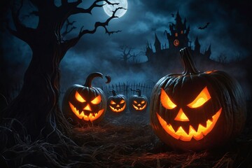 Halloween, jack-o'-lanterns, pumpkins, spooky, haunted house, full moon, bats, dark, eerie, creepy, scary, gothic, night, shadows, trees, branches, graveyard, tombstones, fog, mist, glowing eyes, 