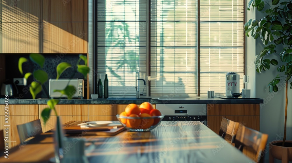 Aufkleber A simple yet inviting setting with a wooden table and a bowl of fresh oranges