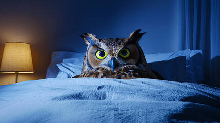 night owl concept, awake owl in bed, funny