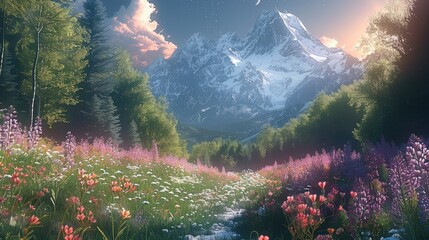 A beautiful forest, with wildflowers, moonrise on a clear day. There are snow capped mountains in the distance. Generative AI.