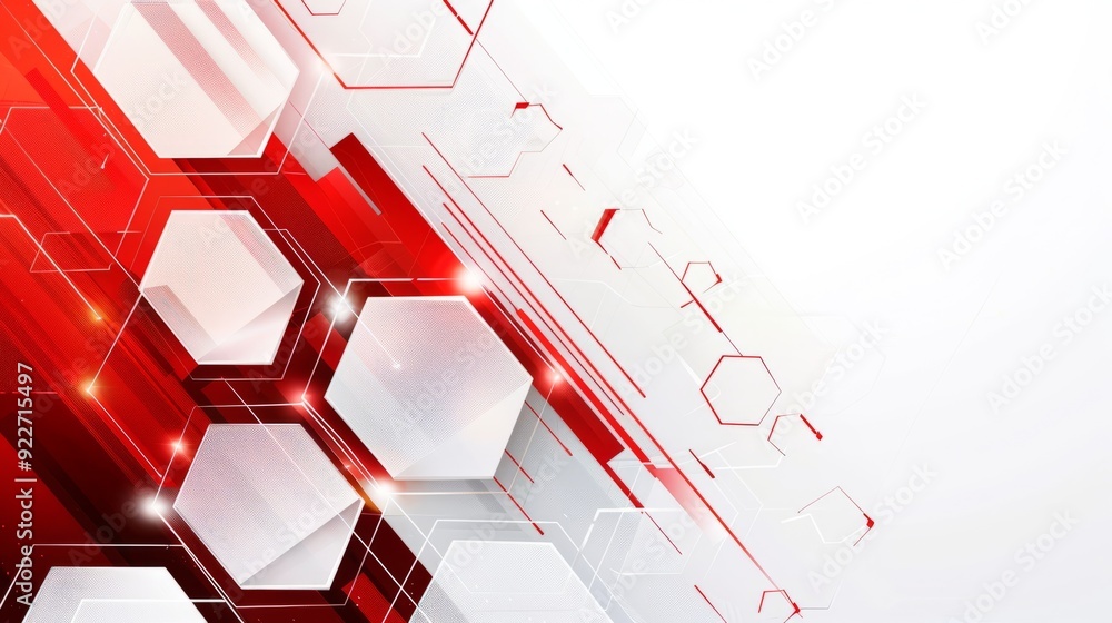 Aufkleber red and white geometric linear hexagons abstract futuristic modern background.