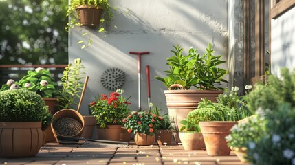 Garden tools and vibrant potted plants on a well-maintained patio, highlighting gardening essentials and design