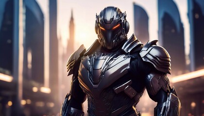 Robot with shiny black battle armor in a City. Futuristic scenario with lights. Technology, future, cyberpunk, cyber, cool, amazing, original, day, strong, serious.Great quality.  Picture. Photo