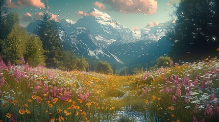 A beautiful forest, with wildflowers, moonrise on a clear day. There are snow capped mountains in the distance. Generative AI.