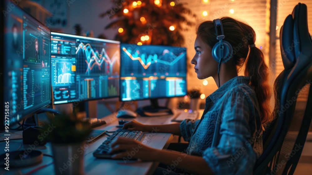 Poster a person focusing on their task while wearing headphones, possibly for noise isolation or to block o