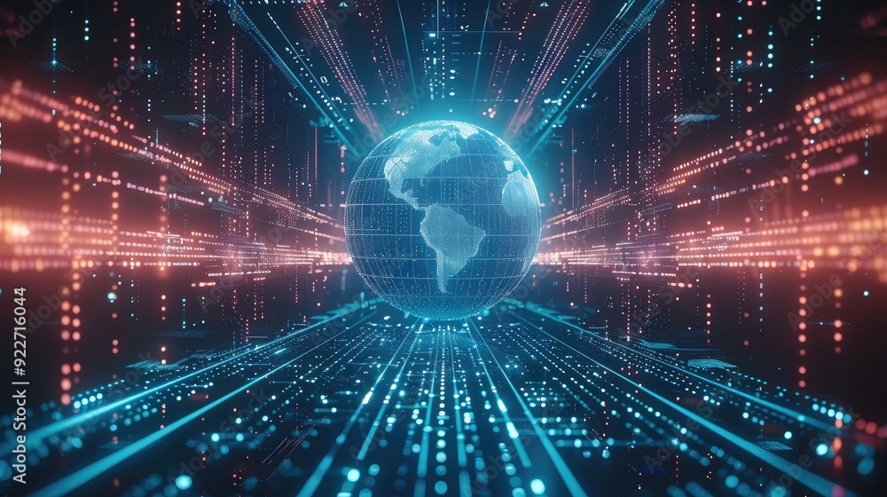Poster a futuristic digital world with binary code, symbolizing the impact of ai on global data and technol