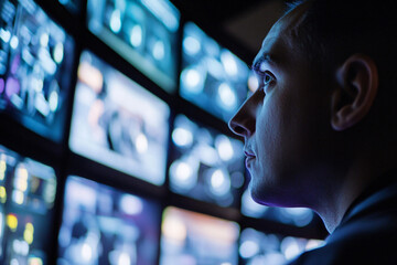 man closely monitors security screens in a control room surrounded by multiple displays showing various camera angles emphasizing vigilance
