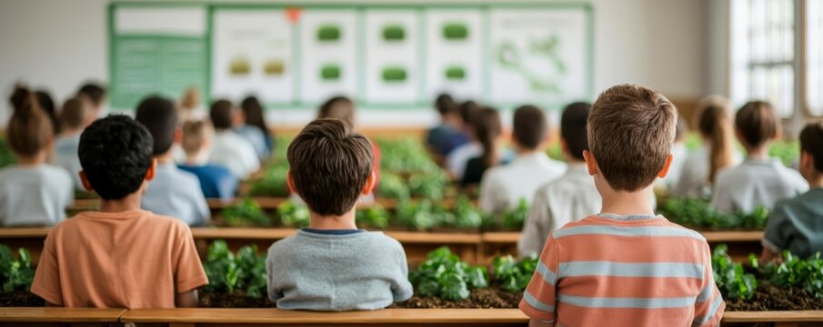 A classroom full of students learning about sustainable agriculture, with charts showing crop rotation and organic farming techniques