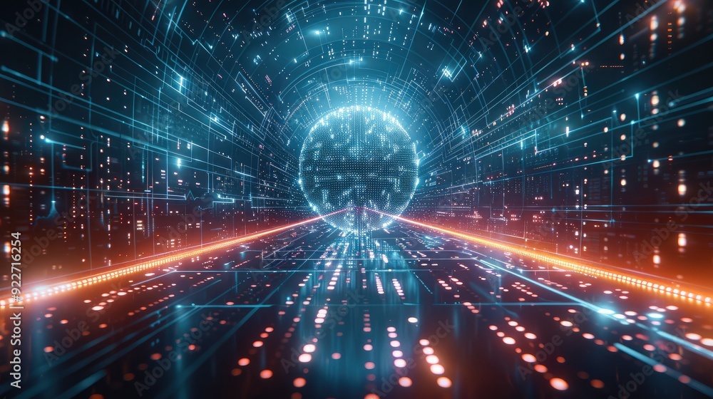 Poster A futuristic digital world with binary code, symbolizing the impact of AI on global data and technology development. The center features an illuminated globe surrounded by light beams. Generative AI.