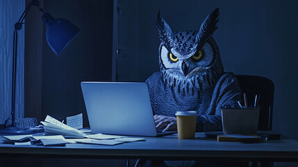 night owl entrepreneur concept,  a man with a large owl head is sitting at a desk, working late into the night on a laptop, surrounded by coffee cups and notes