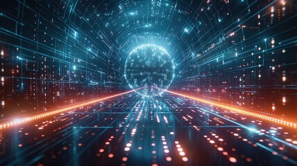 A futuristic digital world with binary code, symbolizing the impact of AI on global data and technology development. The center features an illuminated globe surrounded by light beams. Generative AI.