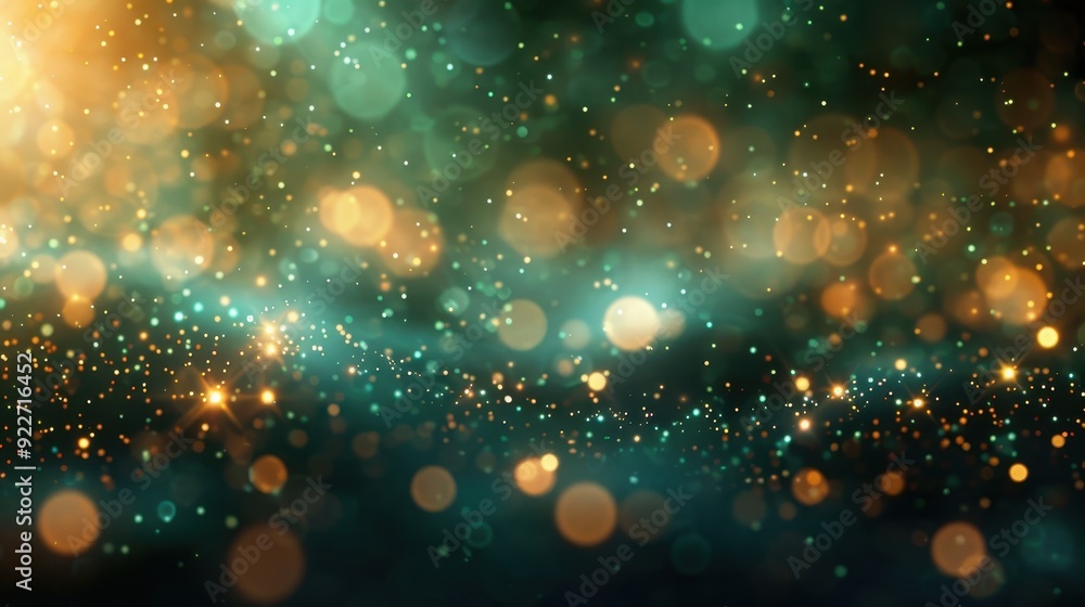 Poster abstract background with green and gold bokeh lights creating a magical, festive atmosphere.