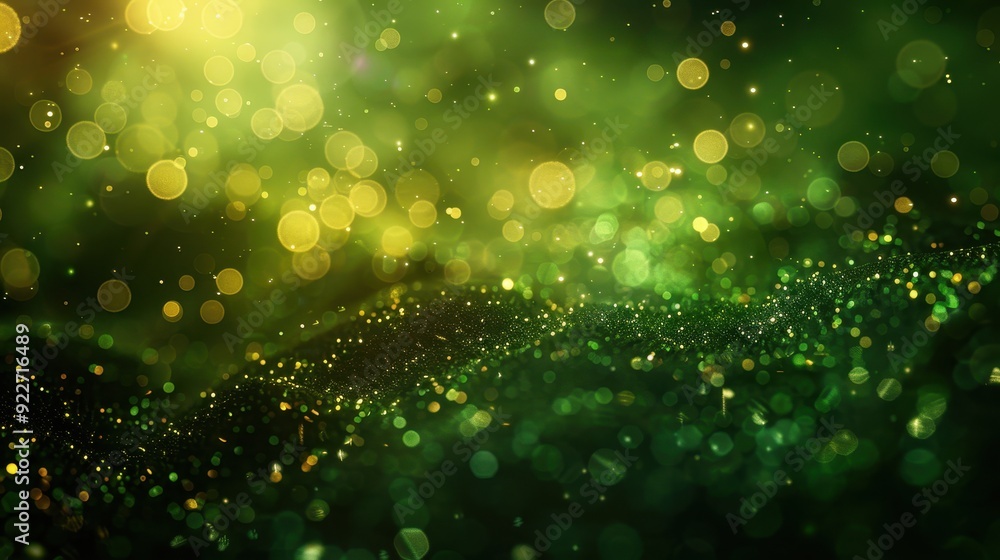 Poster abstract green and gold bokeh background with shimmering lights and sparkles.