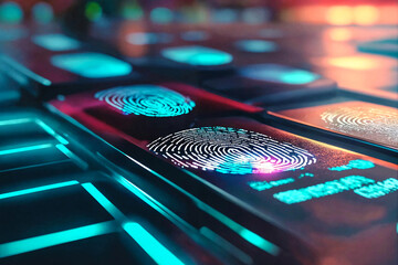 Fingerprint scanner for scan biometric identity. Smart electronic screen close-up.