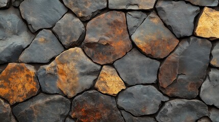 Fototapeta premium A textured wall made of various stones in shades of gray and brown.