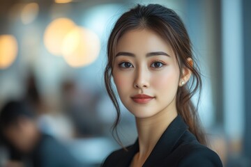 Fototapeta premium Asian woman at a business meeting, with a serious and focused expression, wearing professional attire