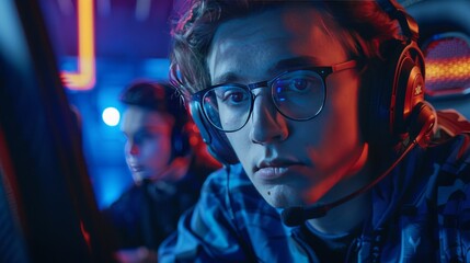 Close-up of professional gamers focused on their screens, showcasing high-end equipment and competitive environment