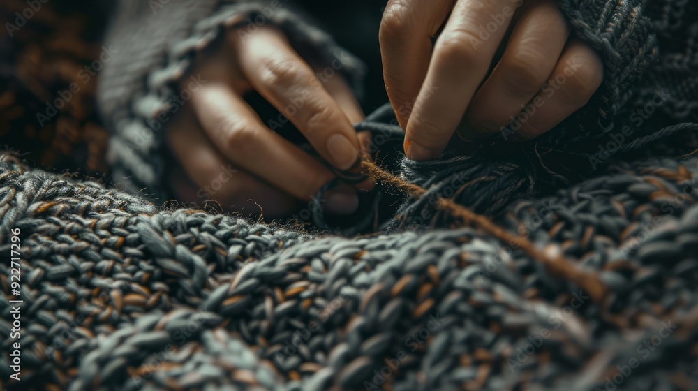 Aufkleber close-up of intricate knitting patterns in progress, showcasing texture and skill