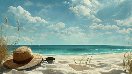 A peaceful beach scene, featuring a sun hat, sunglasses