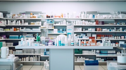 A photo of a well-stocked pharmacy with medicines