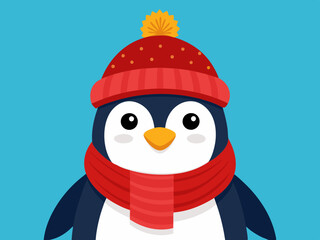 Manchot empereur avec bonnet en tricot rouge et écharpe d'hiver
