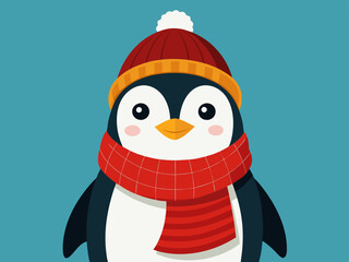 Manchot empereur avec bonnet en tricot rouge et écharpe d'hiver
