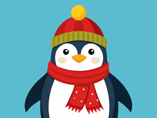 Manchot empereur avec bonnet en tricot rouge et écharpe d'hiver
