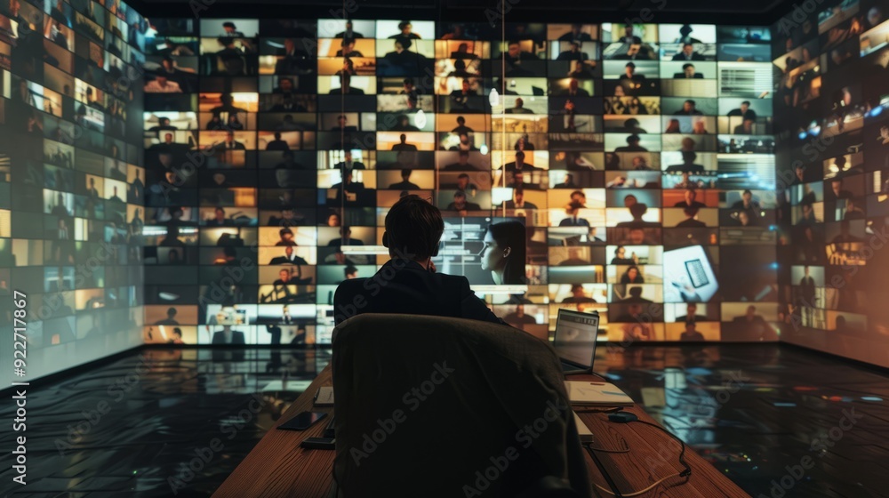 Poster dynamic virtual meeting with participants from around the world connecting via video call,