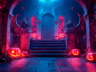 Obraz premium Central empty 3D podium, surrounded by Jack-o-lanterns and a spooky haunted forest. Cobwebs hang from the trees, bats fly overhead, and candy is scattered among the roots, all in a dark, eerie setting