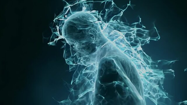 A captivating silhouette of a person enveloped in ethereal smoke, creating a mysterious and surreal effect. The dark blue background enhances the otherworldly atmosphere, making it appear dreamlike.