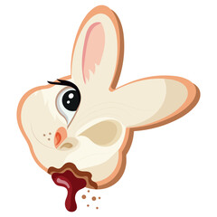 Halloween gingerbread cookies with sugar frosting and bunny design with half of the head made as a skeleton with red syrup in the middle, vector